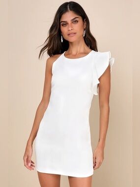 Lulu's - NWT White One-Shoulder Asymmetrical Ruffle Mini Dress